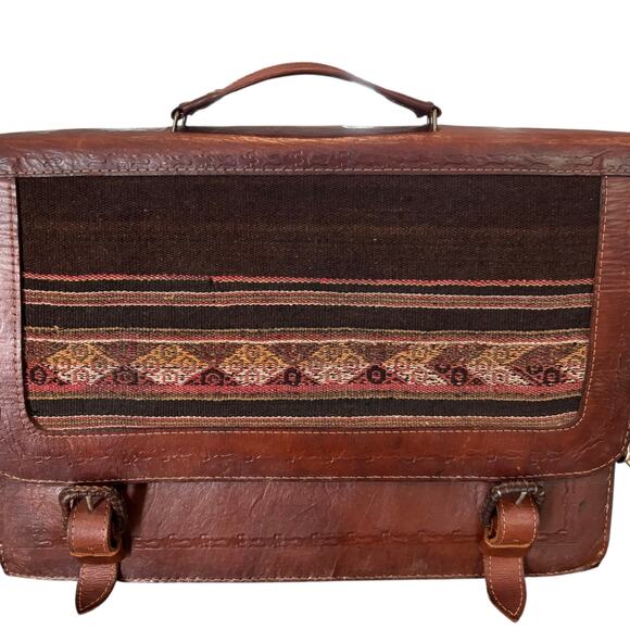 Vintage Leather with Woven Wool Kilim Insert Crossbody Messenger Commuter Bag